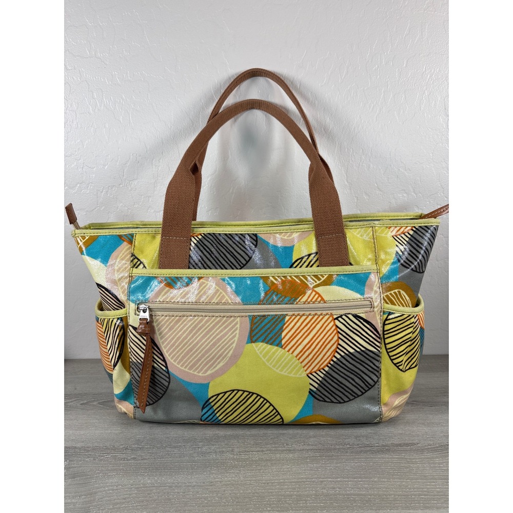 Fossil Key-Per Coated Canvas Tote Bag Multi-Color Circle Print Shoulder Bag